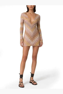 Missoni women’s mini abito maniche lunghe long-sleeved form-fitting mini dress in shimmering beige and gold zigzag pattern