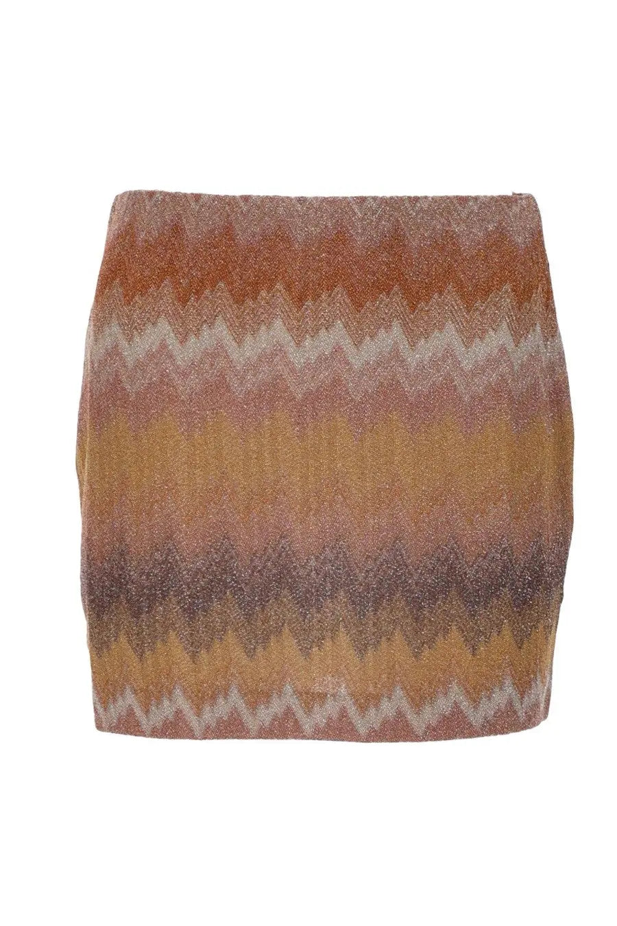 Missoni women’s high-waisted minigonna featuring a shimmering zigzag pattern in rust gold and muted pink tones