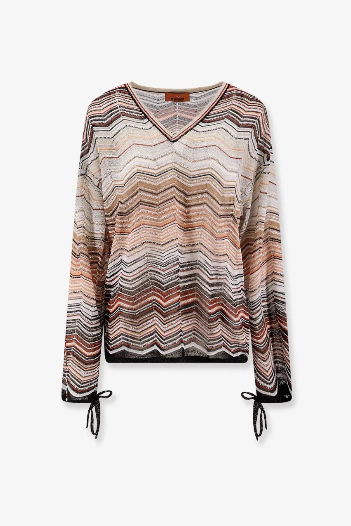 Missoni women’s long-sleeved v-neck sweater with multicolor zigzag beige viscose and metallic fiber ribbed cuffs tied with drawstrings