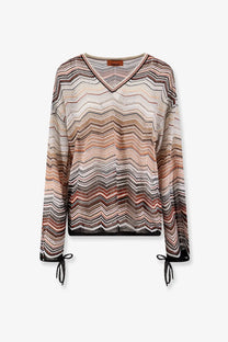 Missoni women’s long-sleeved v-neck sweater with multicolor zigzag beige viscose and metallic fiber ribbed cuffs tied with drawstrings