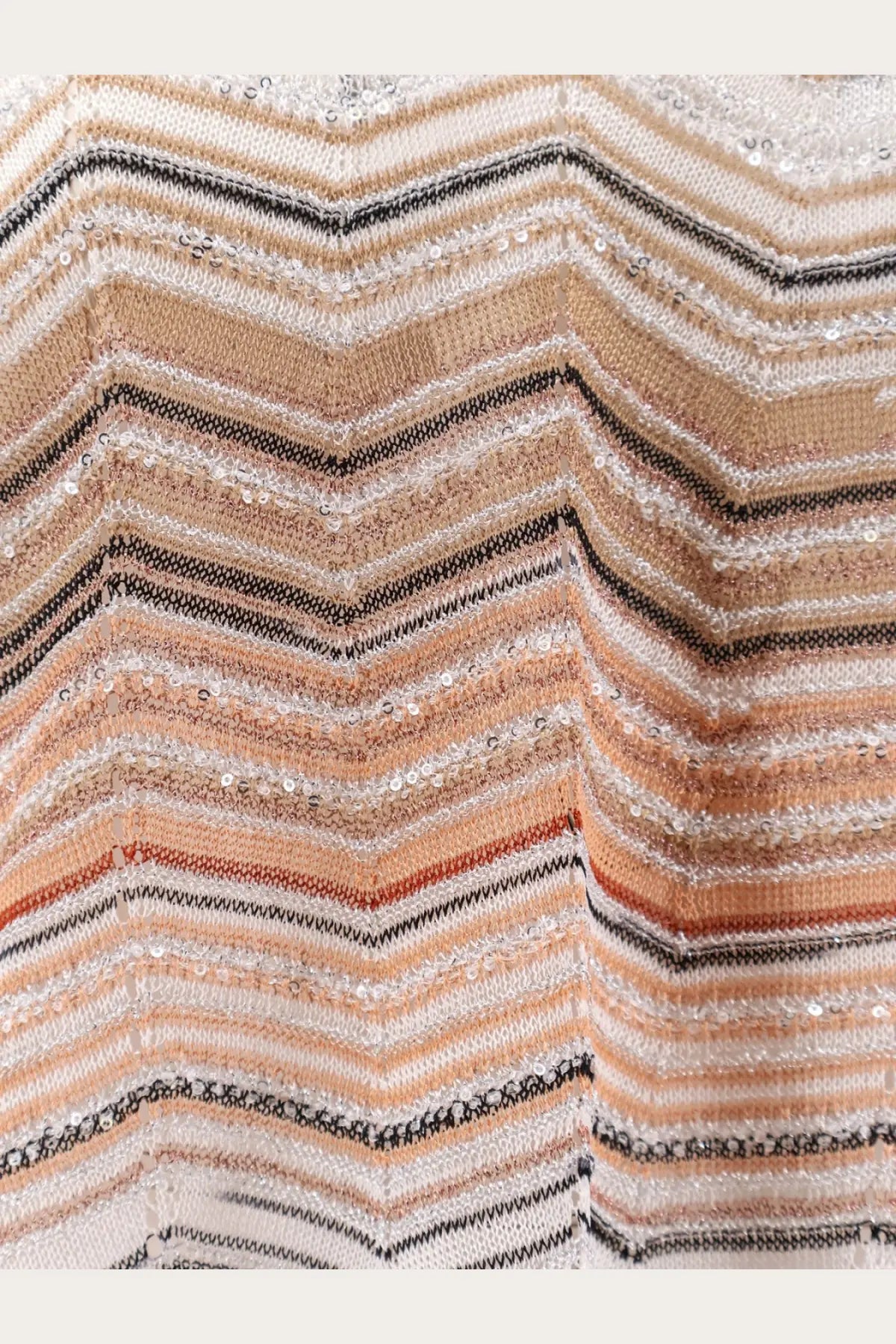 Missoni women’s multicolor viscose and metallic fiber sweater with beige black rust zigzag knit and sequined accents