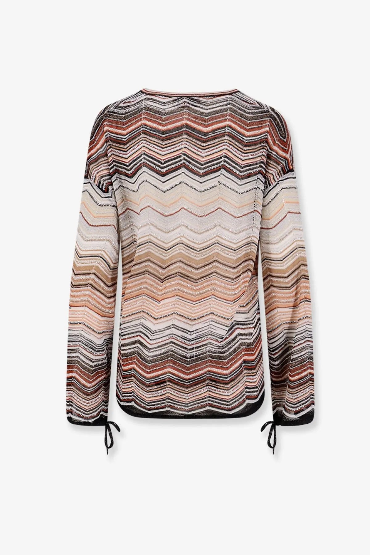 Missoni women’s long-sleeved viscose and metallic fiber sweater with vibrant beige pink and black zigzag pattern