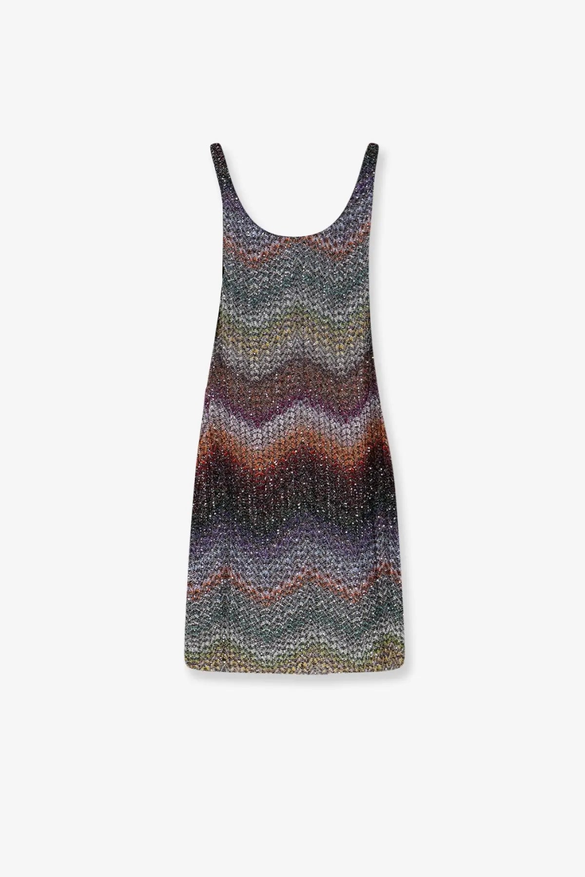 Missoni women’s sleeveless short knitted dress with vibrant gray brown and orange zigzag pattern multicolor