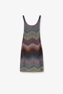 Missoni women’s sleeveless short knitted dress with vibrant gray brown and orange zigzag pattern multicolor