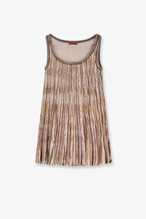 Missoni women’s sleeveless short dress in beige and brown striped viscose blend with pleats and subtle shimmer details