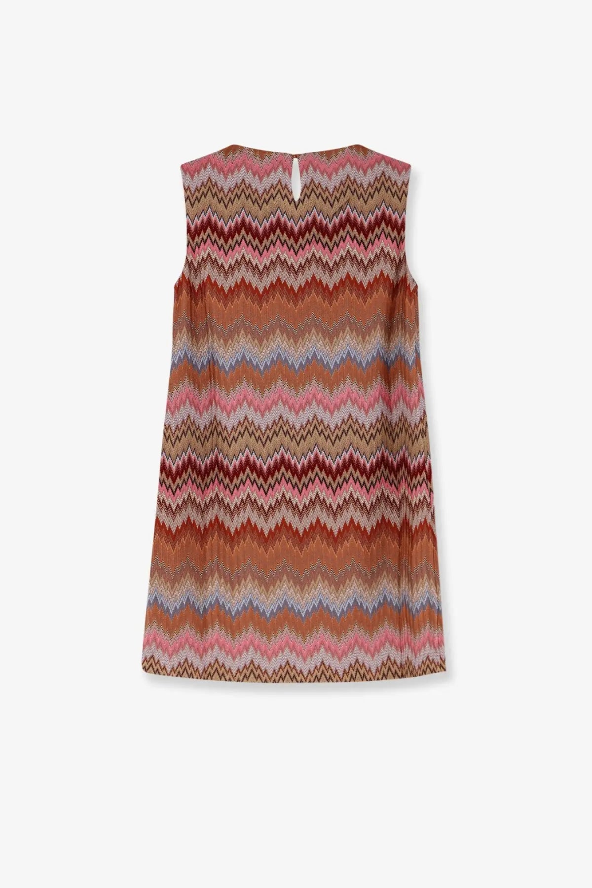 Missoni women’s short sleeveless viscose dress with vibrant pink rust and beige zigzag pattern in brown tones