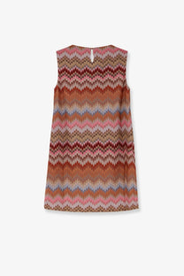 Missoni women’s short sleeveless viscose dress with vibrant pink rust and beige zigzag pattern in brown tones