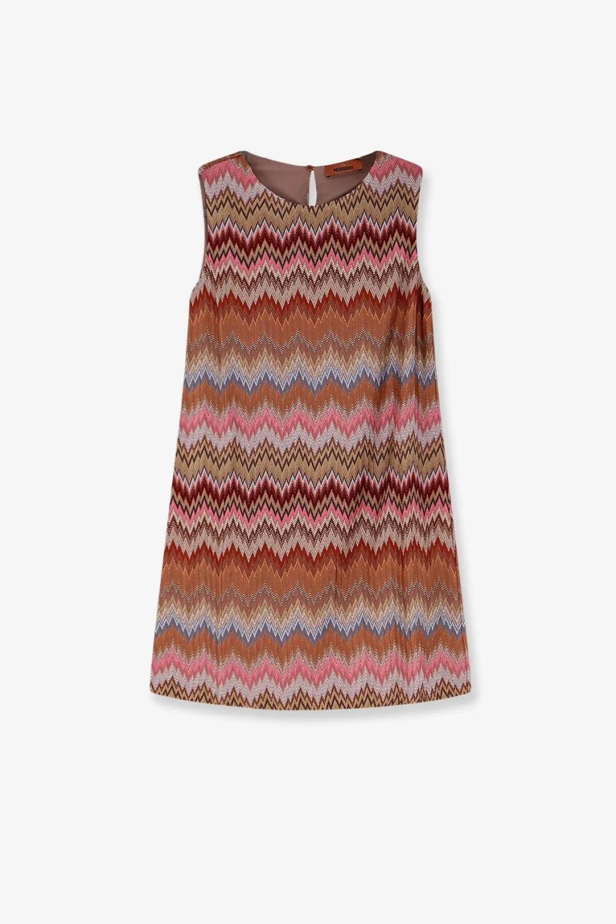 Missoni women’s short sleeveless viscose dress with vibrant pink brown and beige zigzag pattern