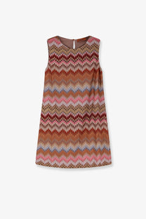 Missoni women’s short sleeveless viscose dress with vibrant pink brown and beige zigzag pattern