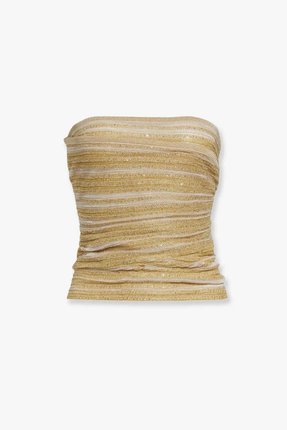 Missoni women’s gold ruched strapless top with shimmering cream stripes in viscose blend textured fabric