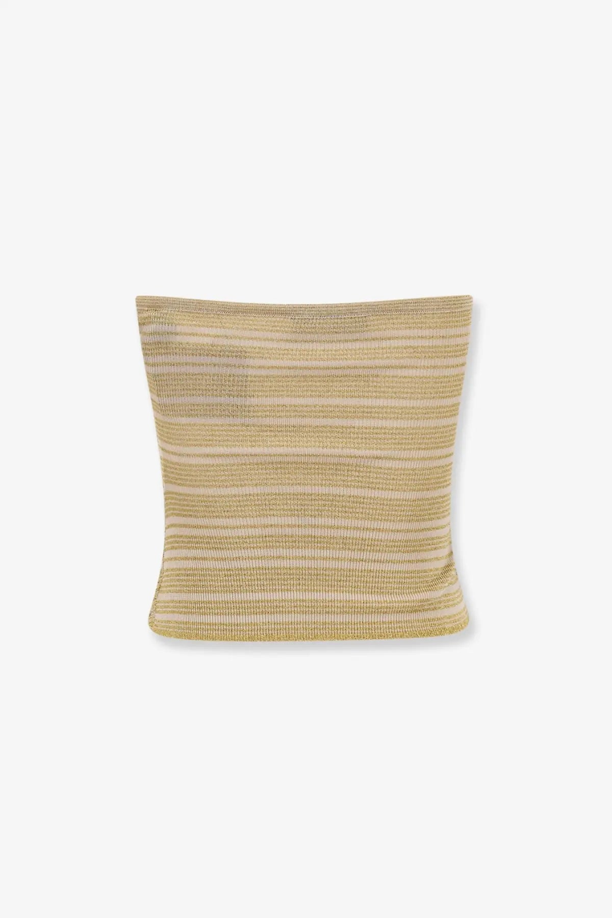 A square cushion with beige and gold horizontal stripes made of textured woven fabric, complementing Missoni Women’s Viscose Blend Top Gold