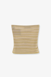 A square cushion with beige and gold horizontal stripes made of textured woven fabric, complementing Missoni Women’s Viscose Blend Top Gold