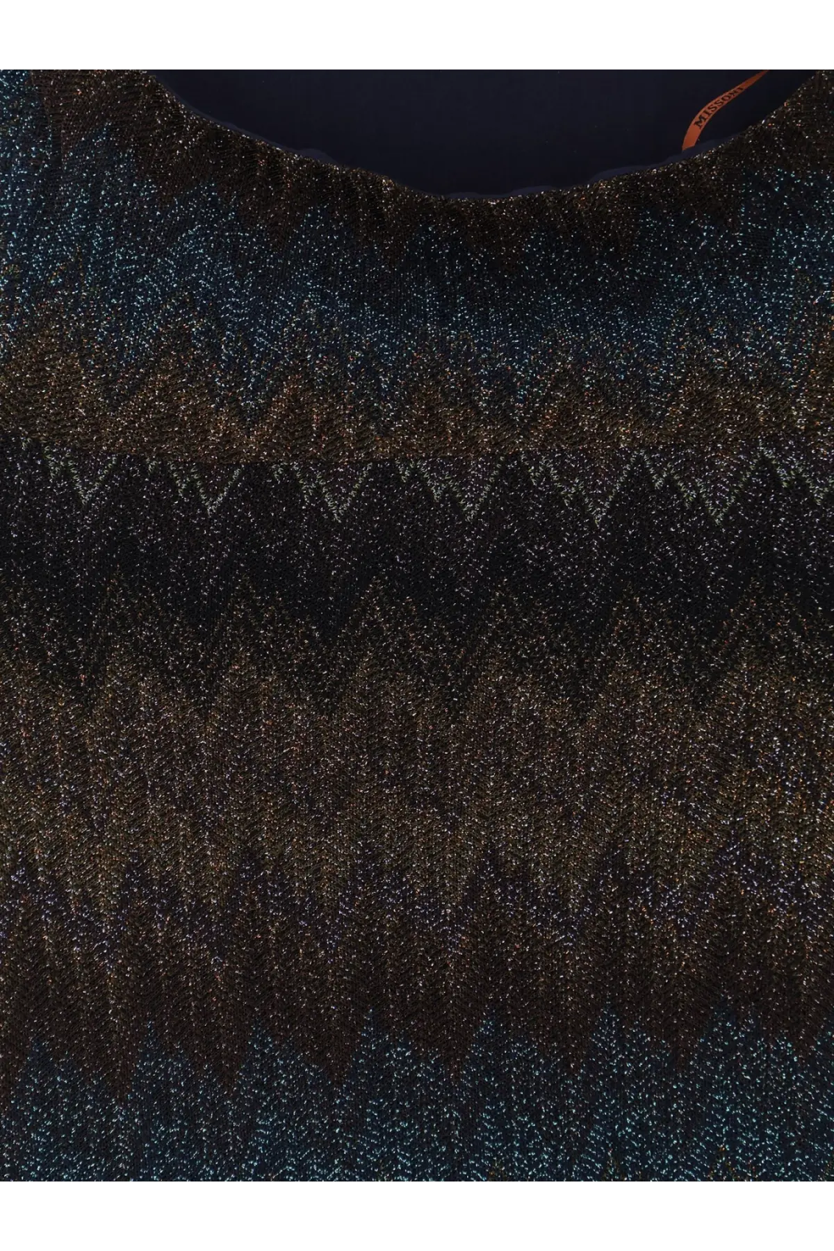 Missoni women’s viscose and metallic fiber dress in shimmering dark blue and gold knit with a textured glittery pattern