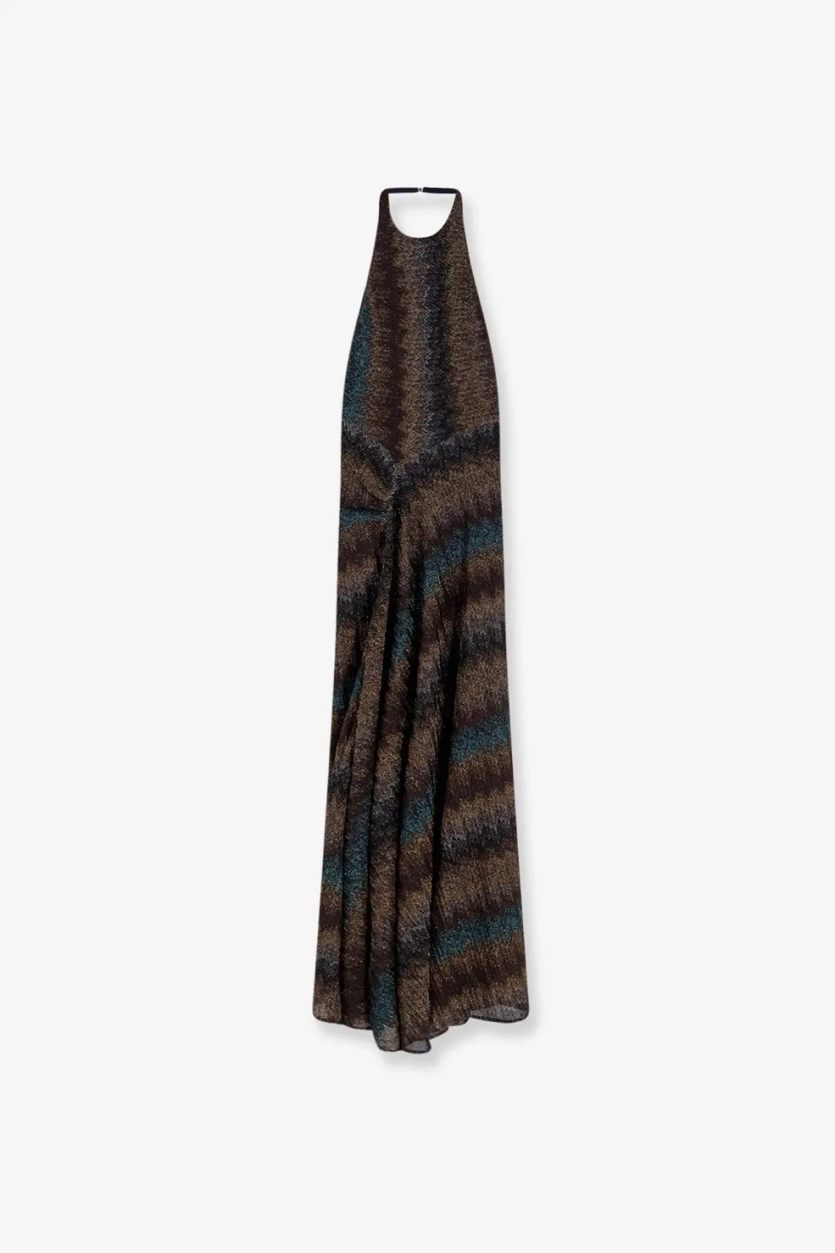Missoni women’s long brown and teal striped halter-neck maxi dress made of viscose and metallic woven fabric