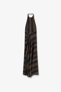 Missoni women’s long brown and teal striped halter-neck maxi dress made of viscose and metallic woven fabric