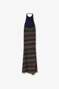 Missoni women’s sleeveless viscose maxi dress with navy halter neck and shimmering multicolored striped pattern