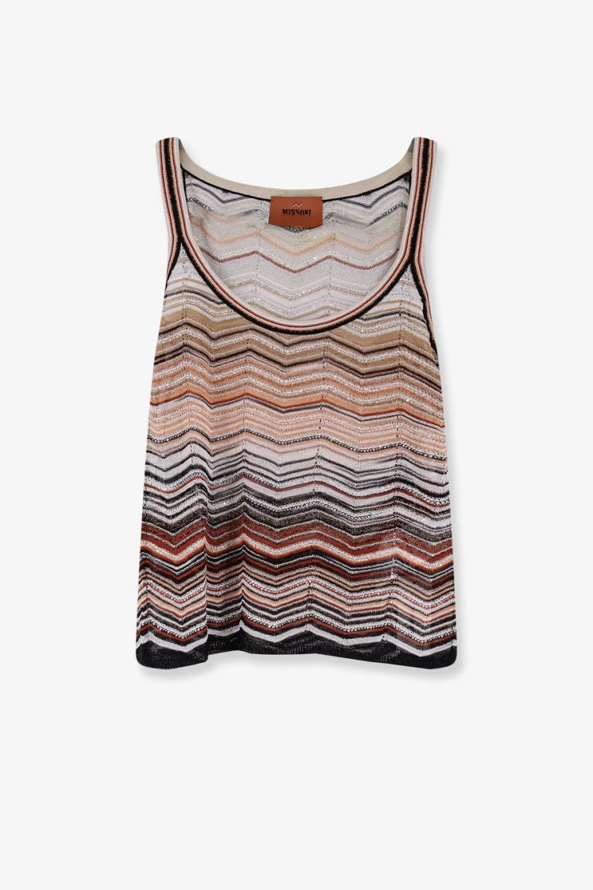 Missoni women’s viscose tank top in beige with a vibrant multicolored zigzag pattern in brown black and white