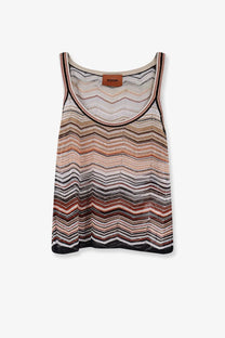 Missoni women’s viscose tank top in beige with a vibrant multicolored zigzag pattern in brown black and white
