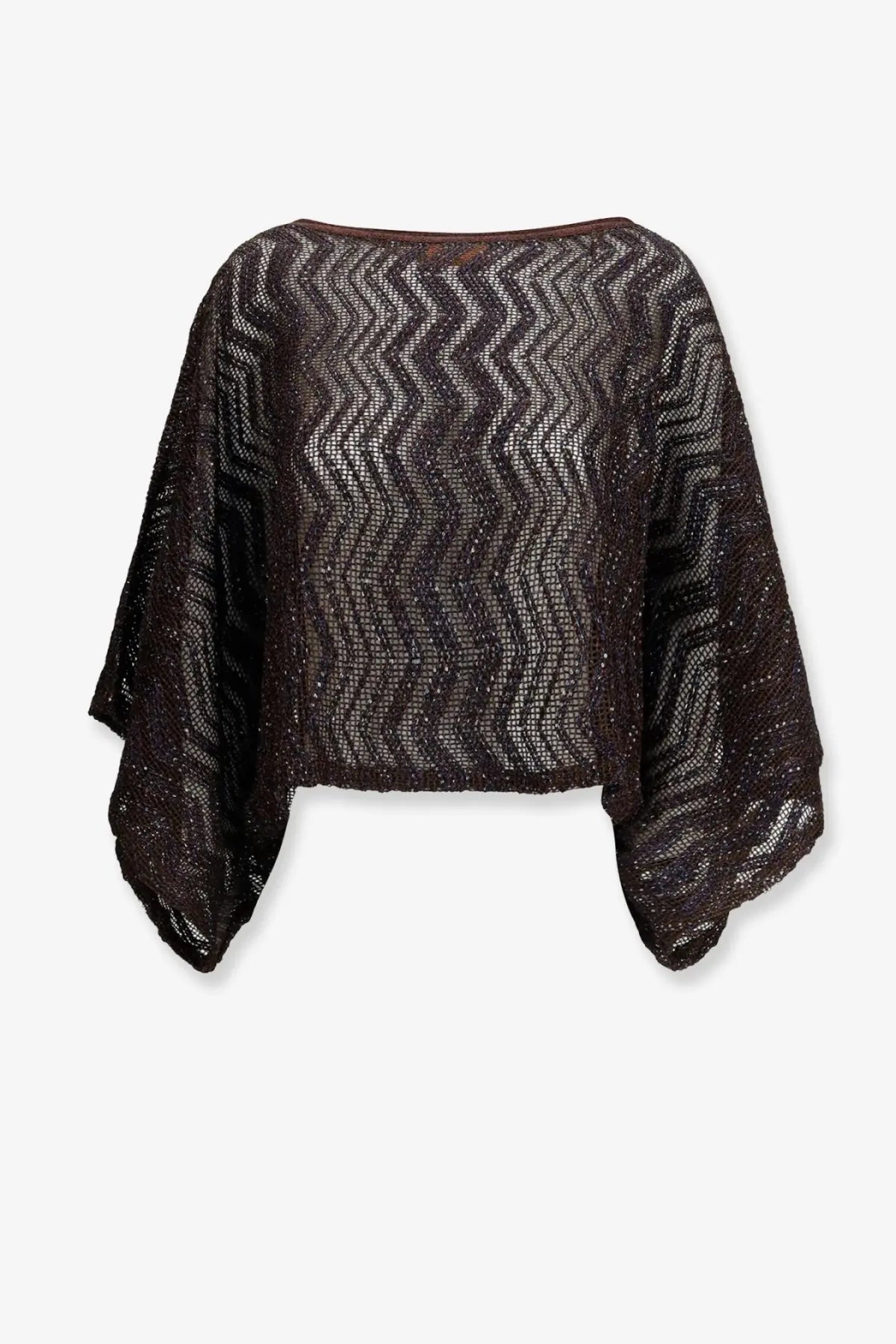 Missoni women’s viscose top brown open-knit sweater with bold zigzag pattern and wide flowing sleeves
