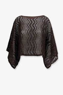 Missoni women’s viscose top brown open-knit sweater with bold zigzag pattern and wide flowing sleeves