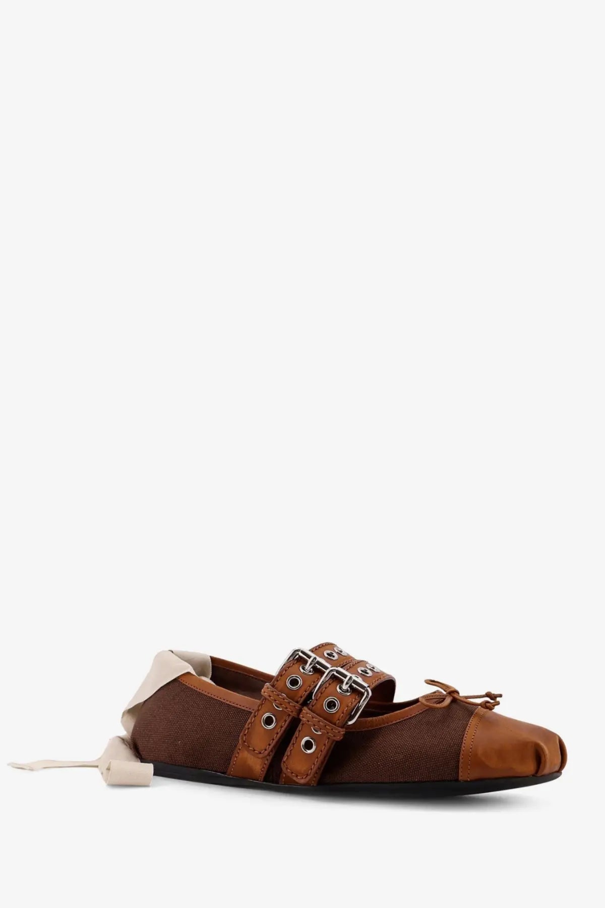 Miu Miu women’s brown ballet flat in leather and mesh with double buckle straps and canvas blend material