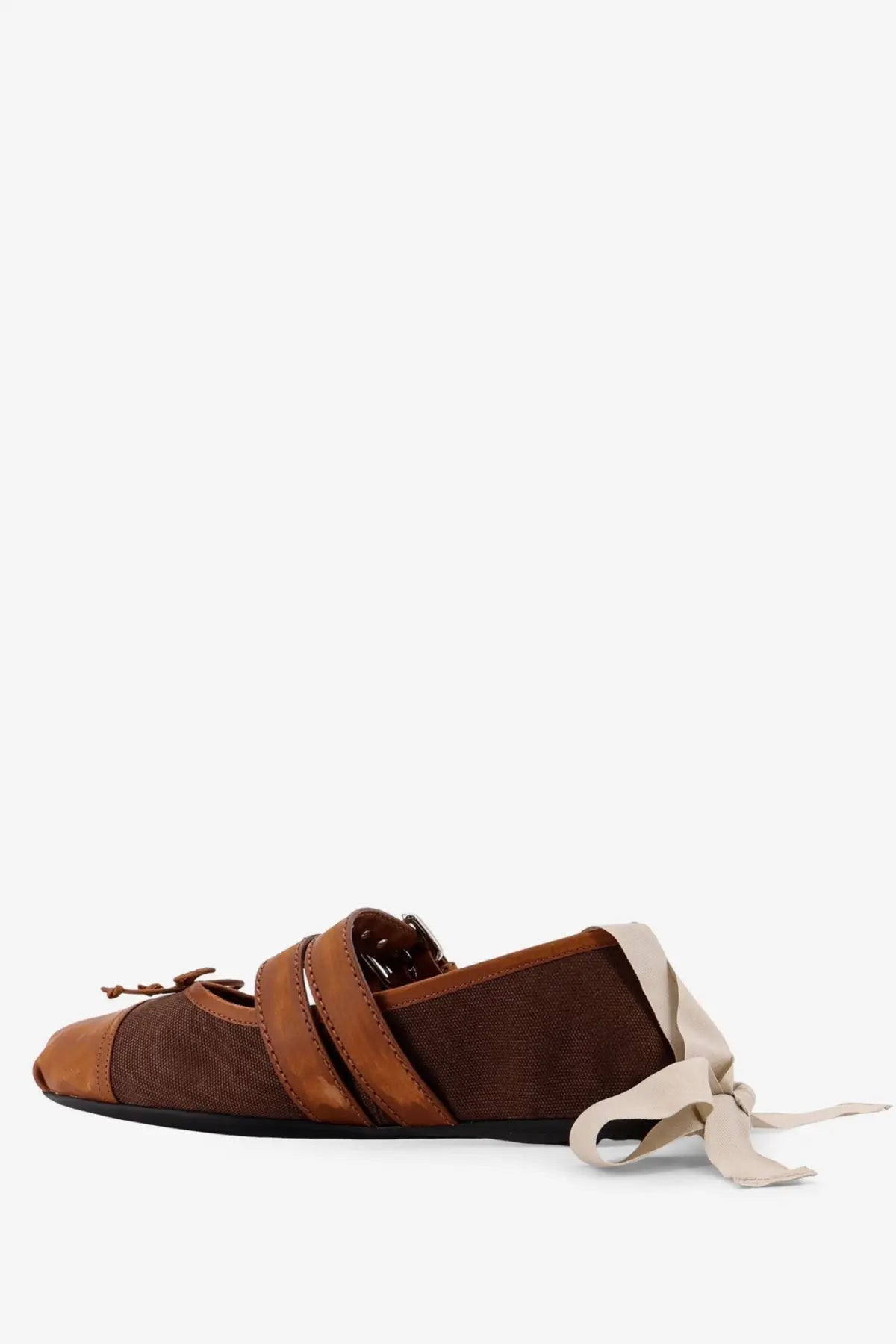Miu Miu women’s brown ballerinas made of leather and canvas blend with beige ribbon tie and mesh details