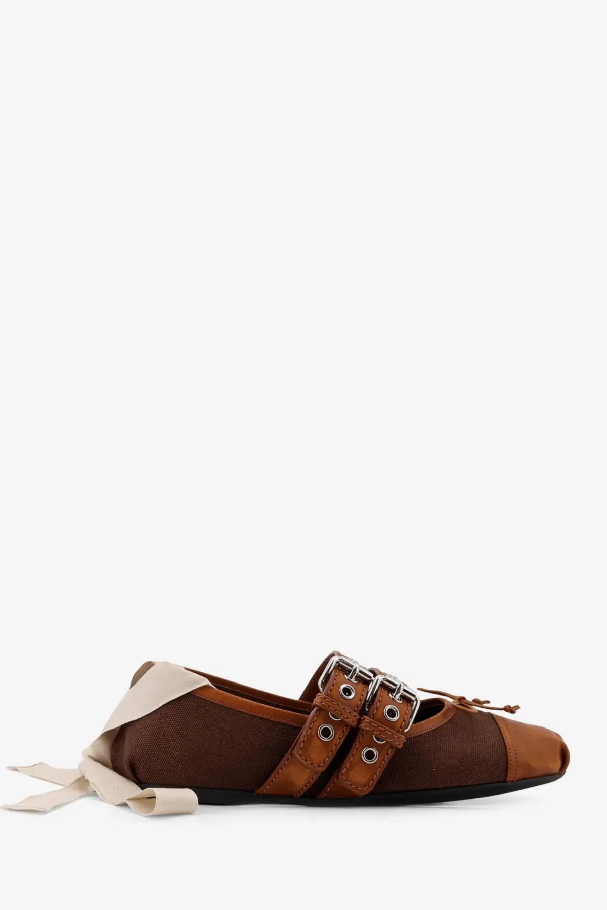 Miu Miu women’s brown leather and mesh flat ballerina with beige ribbon tied around the ankle