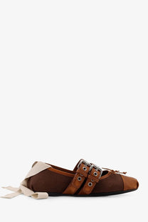 Miu Miu women’s brown leather and mesh flat ballerina with beige ribbon tied around the ankle