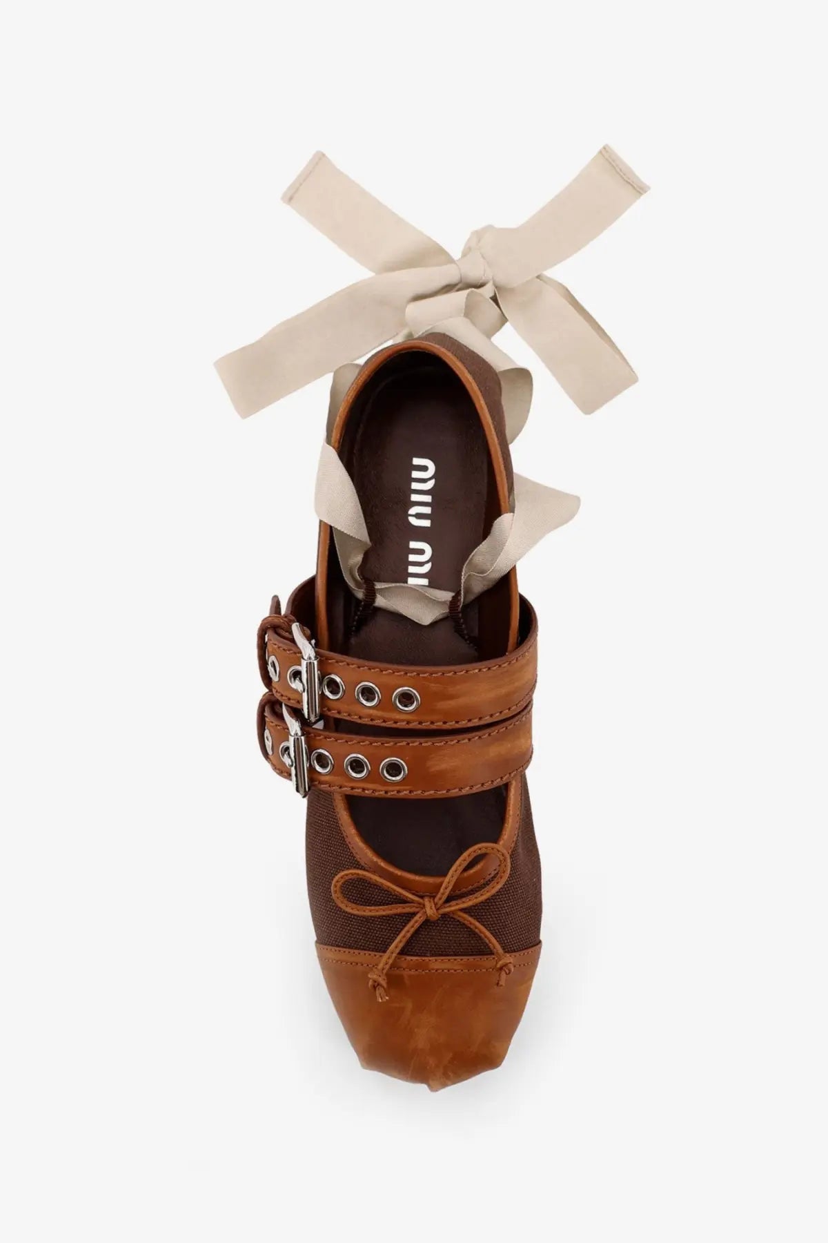 Miu Miu women’s brown suede and mesh mary jane shoe with cream ribbon bow and canvas leather blend ballerina style