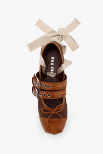 Miu Miu women’s brown suede and mesh mary jane shoe with cream ribbon bow and canvas leather blend ballerina style