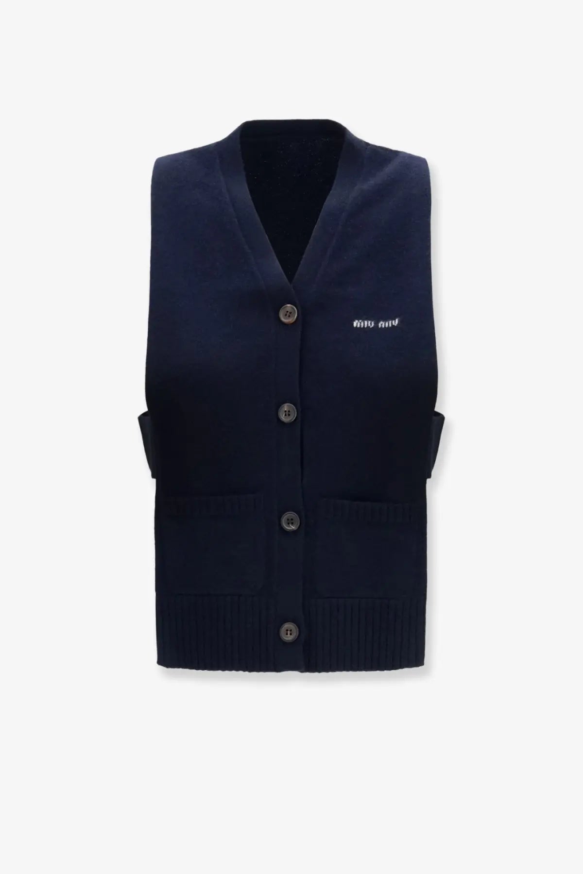 Navy blue knit cashmere cardigan vest with button closures and small embroidered logo on the left chest by Miu Miu