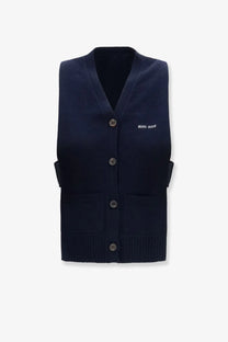 Navy blue knit cashmere cardigan vest with button closures and small embroidered logo on the left chest by Miu Miu