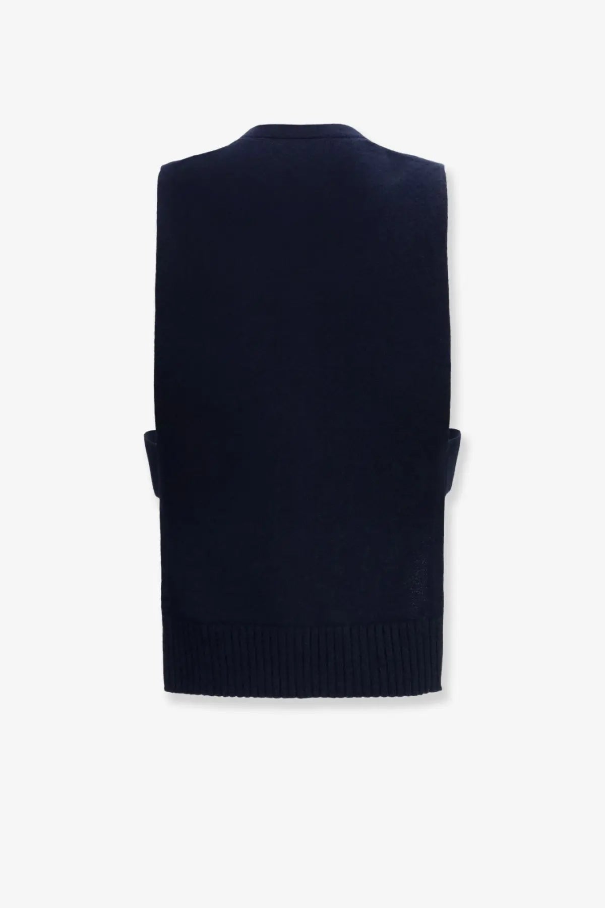 Navy blue knitted sleeveless vest with ribbed hem and cuffs from miu miu womens cashmere cardigan blue collection