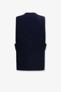 Navy blue knitted sleeveless vest with ribbed hem and cuffs from miu miu womens cashmere cardigan blue collection