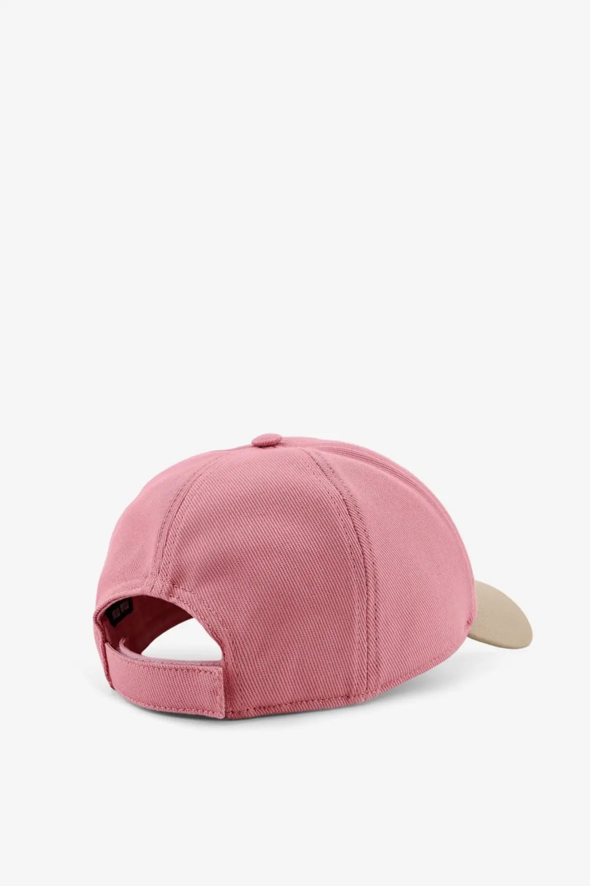 Miu Miu women’s cotton baseball cap in pink with a beige brim and adjustable strap at the back