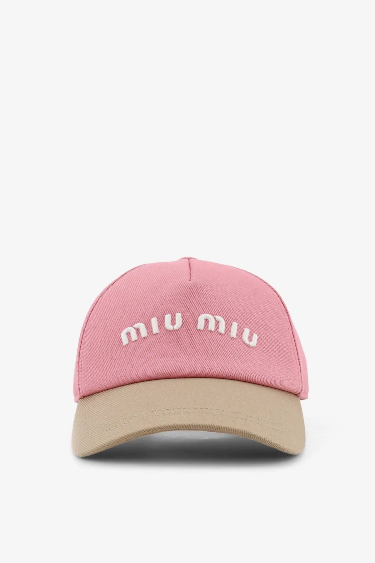 Miu Miu women’s beige cotton baseball cap with pink details and white embroidered miu miu logo front view