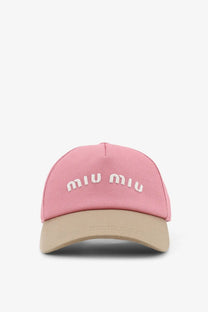 Miu Miu women’s beige cotton baseball cap with pink details and white embroidered miu miu logo front view