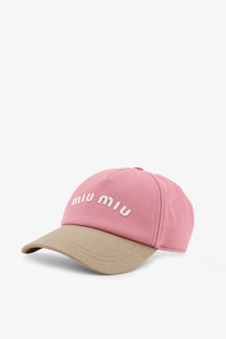 Miu Miu women’s cotton baseball cap in pink and beige with white embroidered miu miu logo on front
