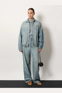 Miu miu women’s cotton jeans blue light-wash denim jacket with relaxed oversized fit and subtle stitching details