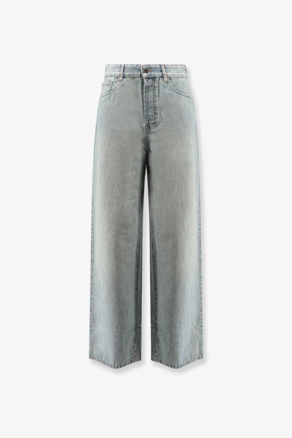 Miu Miu women’s light-wash blue cotton denim wide-leg jeans with high waist and classic five-pocket design