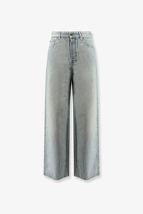 Miu Miu women’s light-wash blue cotton denim wide-leg jeans with high waist and classic five-pocket design