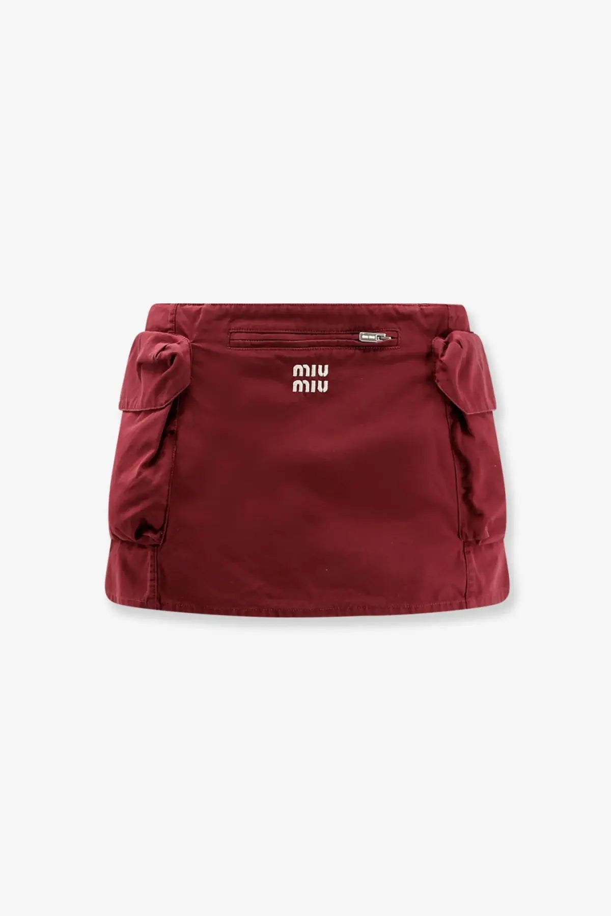 Miu Miu women’s red cotton mini skirt with front zippered pocket and side pockets, stylish and functional design