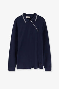 Miu Miu women’s navy blue cotton polo shirt with white striped collar and diagonal zipper detail