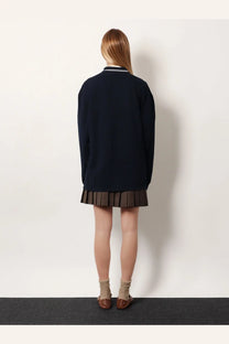 Navy blue oversized knit sweater with white and gray striped collar detail in miu miu women’s cotton polo shirt blue product