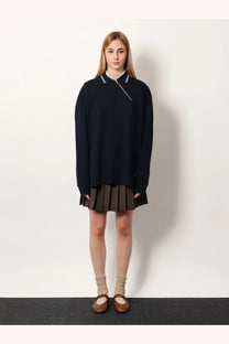 Miu miu women’s navy blue cotton polo shirt with oversized sweater design white trim collar and zipper detail