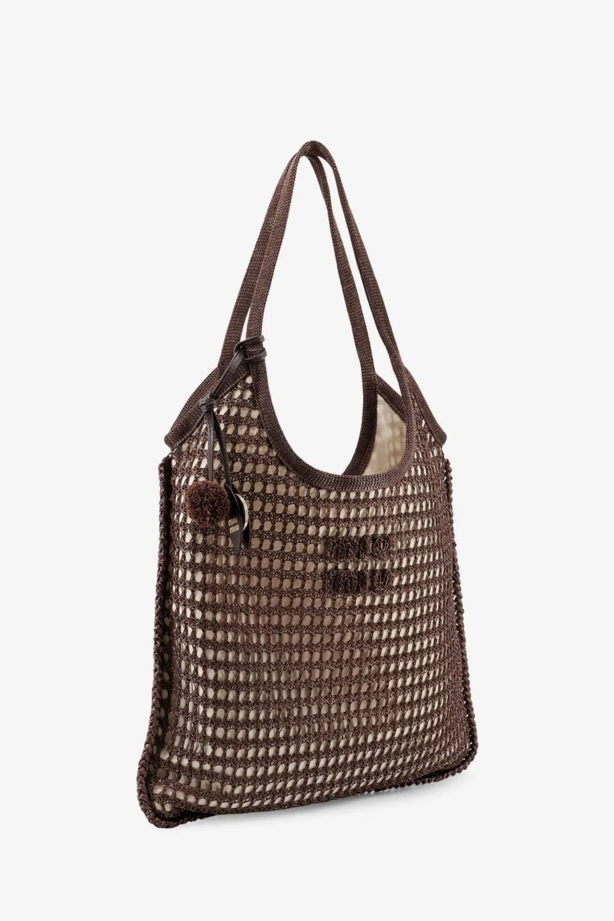 Miu Miu women’s brown crocheted mesh tote bag with textured pattern and matching pom-pom charm on handle