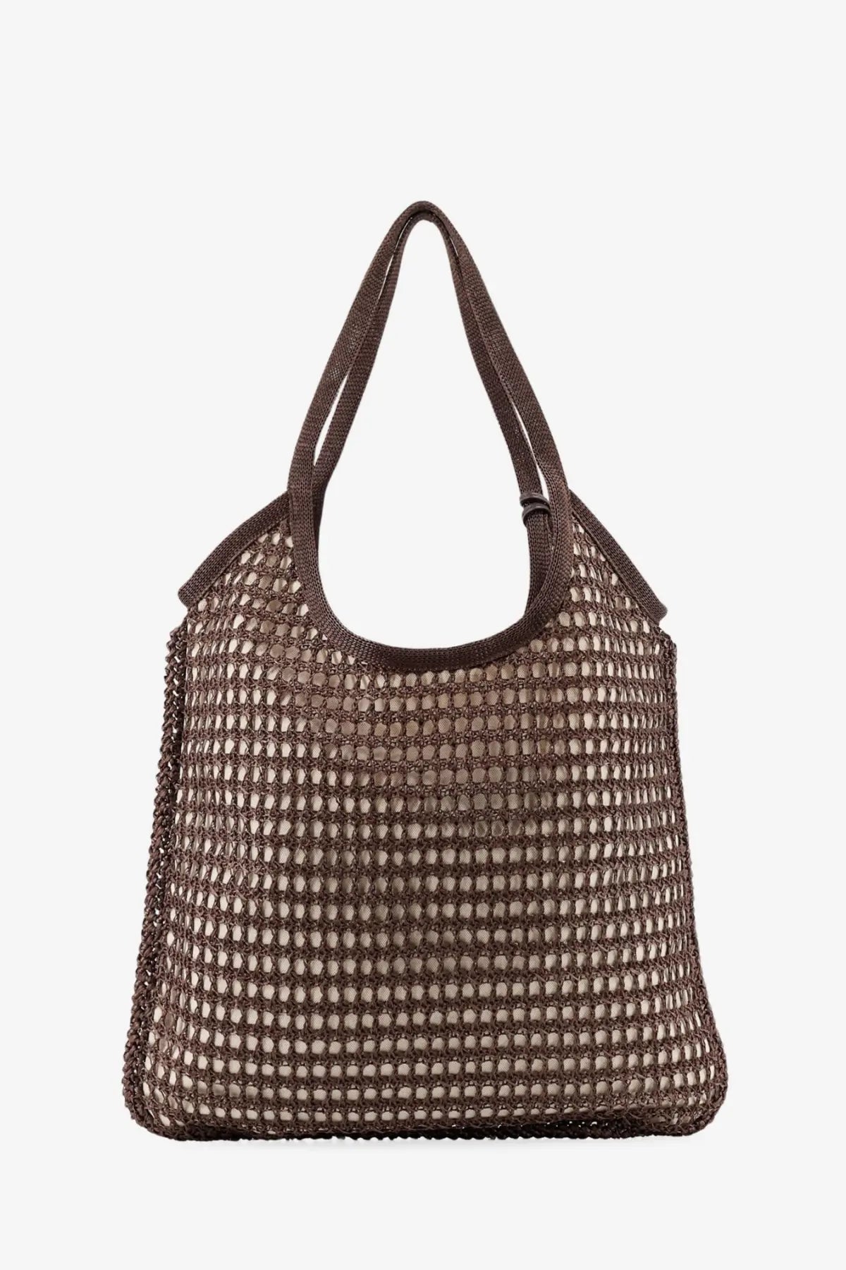 Miu Miu women’s brown crochet mesh shopping tote bag with textured open-knit pattern and matching handles