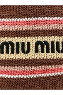 A woven miu miu crochet shopping bag in brown cream and coral stripes with black embroidered logo crossbody style