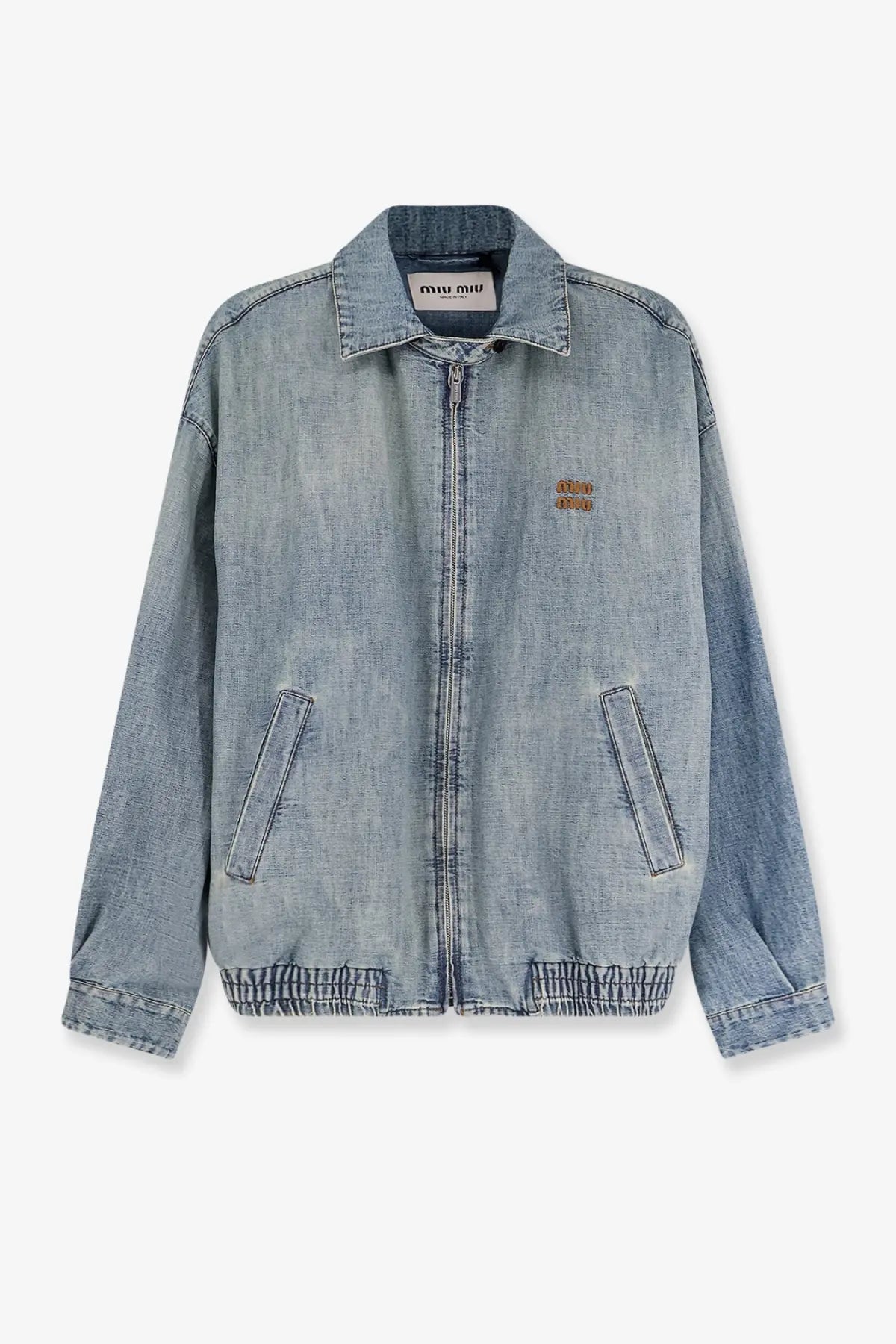 Miu Miu women’s light-wash denim jacket in blue with classic collar, front zipper, and two slanted pockets