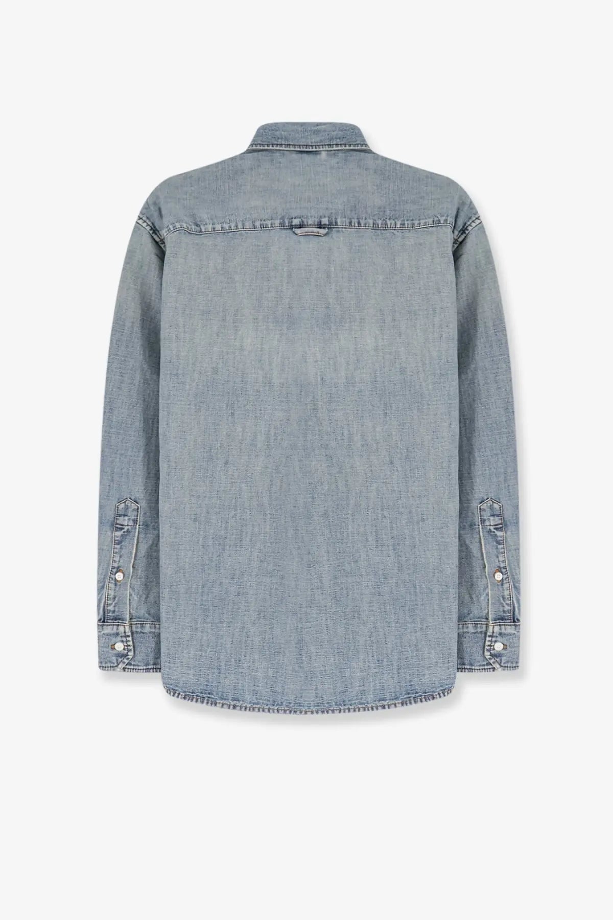Miu Miu women’s blue light-wash denim button-up shirt with classic collar and rolled cuffs